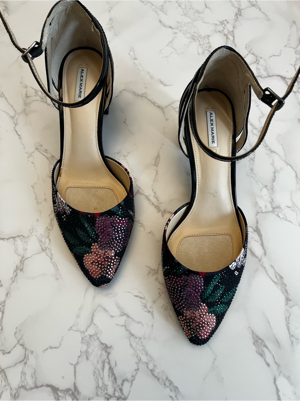 Alex Marie Black Pointed-Toe Ankle-Strap Pumps with Floral Sequin Detail